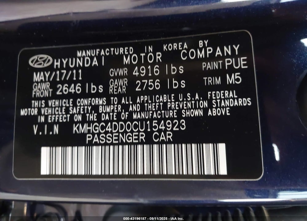 2012 HYUNDAI GENESIS VIN: KMHGC4DD0CU154923