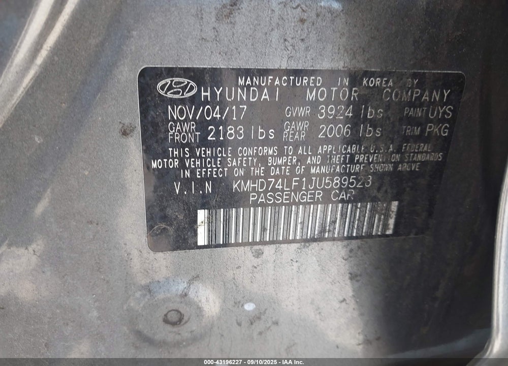 2018 HYUNDAI ELANTRA SE VIN: KMHD74LF1JU589523