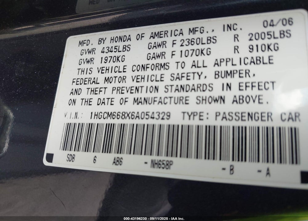 2006 HONDA ACCORD 3.0 EX VIN: 1HGCM668X6A054329
