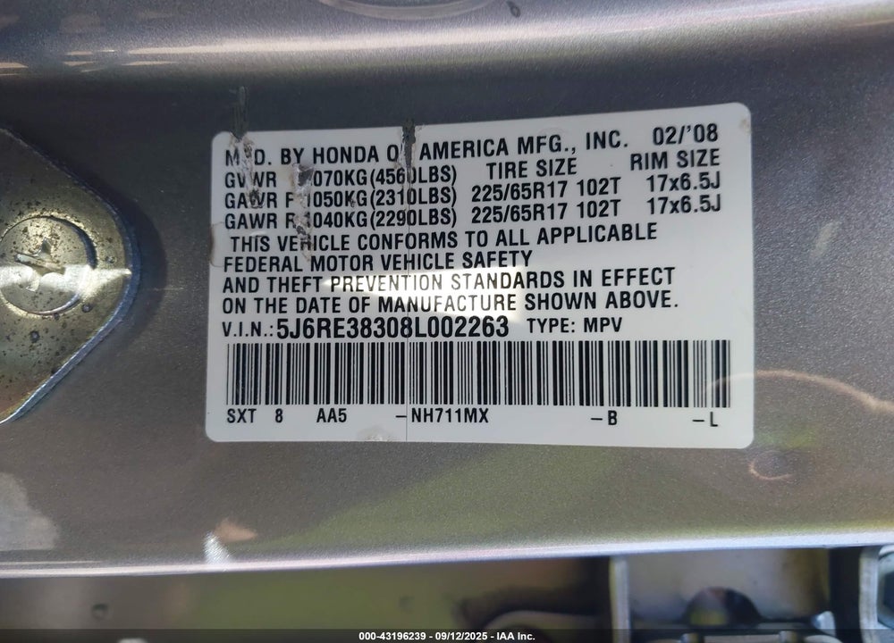 2008 HONDA CR-V LX VIN: 5J6RE38308L002263