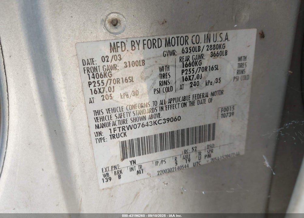 2003 FORD F-150 LARIAT/XLT VIN: 1FTRW07643KC39060