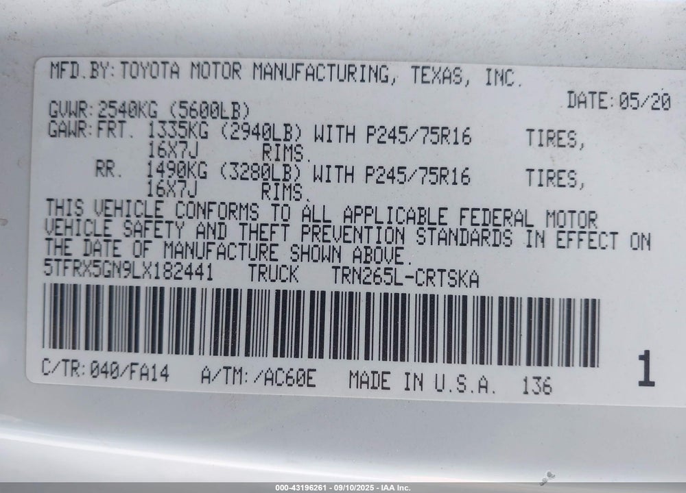2020 TOYOTA TACOMA SR VIN: 5TFRX5GN9LX182441