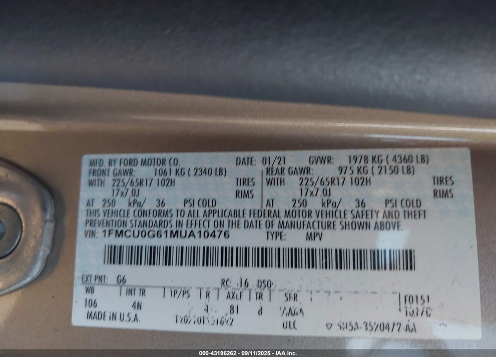 2021 FORD ESCAPE SE VIN: 1FMCU0G61MUA10476