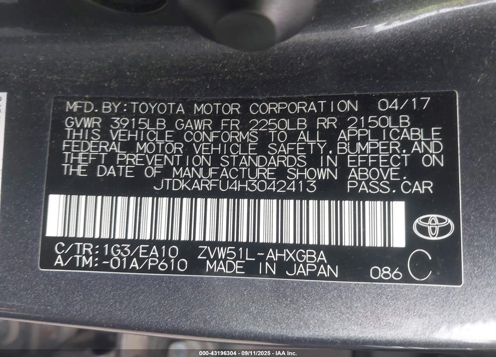 2017 TOYOTA PRIUS VIN: JTDKARFU4H3042413