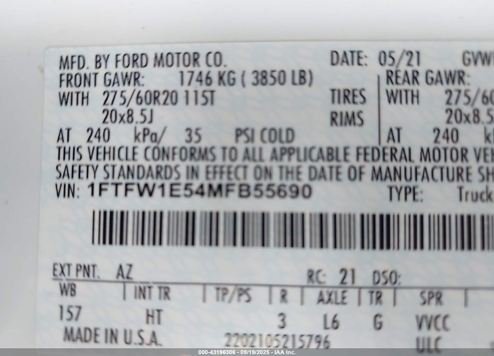 2021 FORD F-150 LARIAT VIN: 1FTFW1E54MFB55690