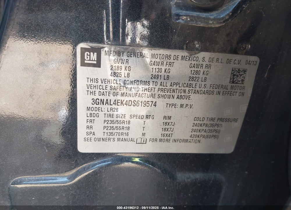 2013 CHEVROLET CAPTIVA SPORT LTZ VIN: 3GNAL4EK4DS619574