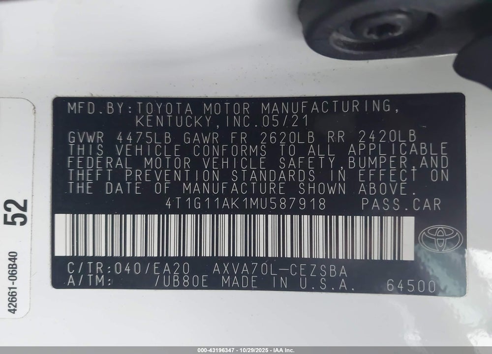 2021 TOYOTA CAMRY VIN: 4T1G11AK1MU587918