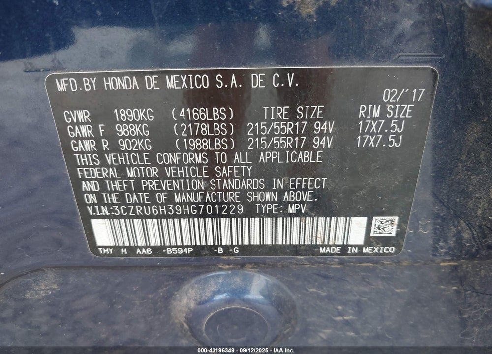2017 HONDA HR-V VIN: 3CZRU6H39HG701229