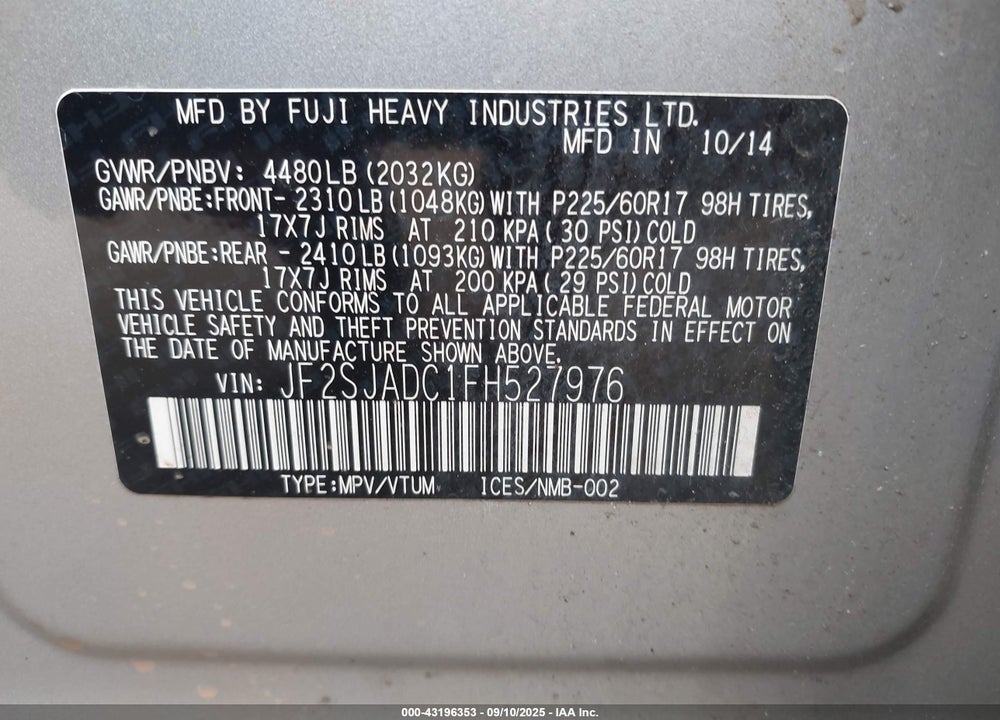 2015 SUBARU FORESTER VIN: JF2SJADC1FH527976