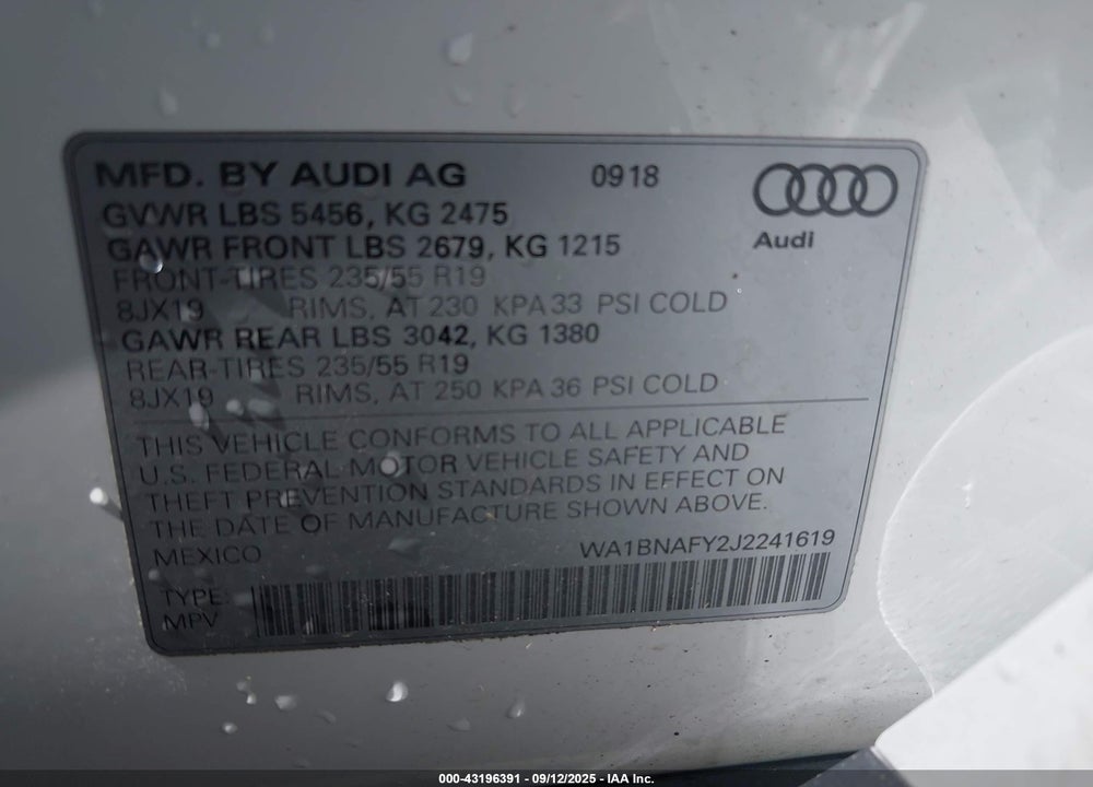 2018 AUDI Q5 VIN: WA1BNAFY2J2241619