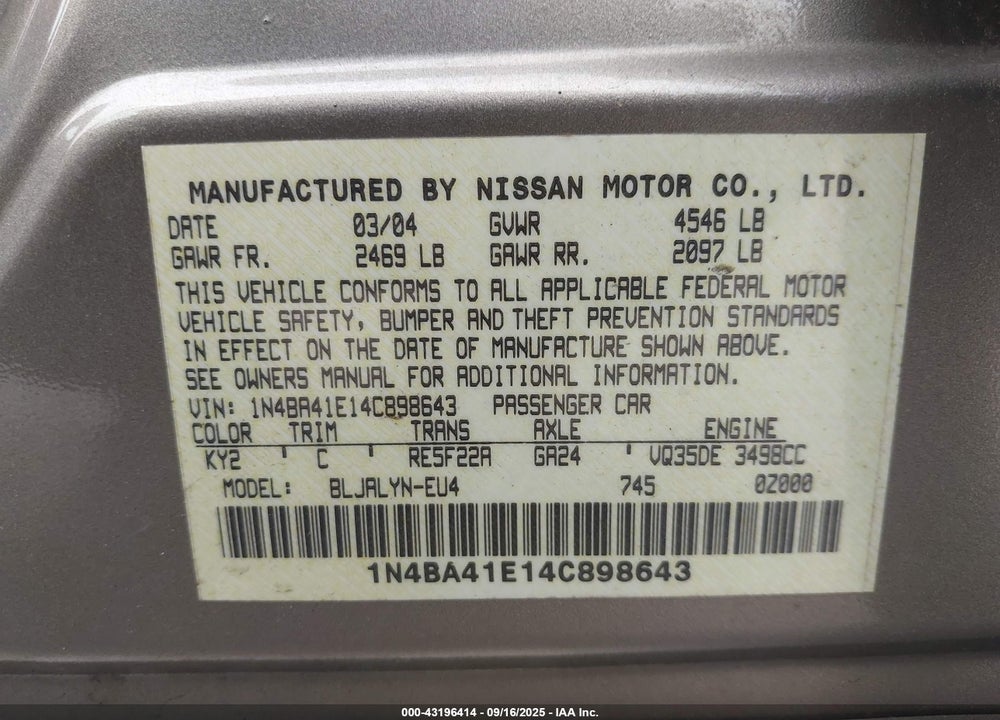 2004 NISSAN MAXIMA 3.5 SL VIN: 1N4BA41E14C898643