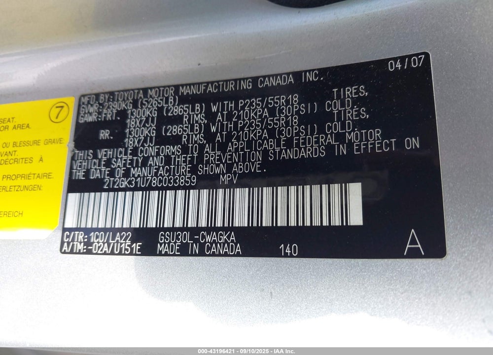 2008 LEXUS RX 350 VIN: 2T2GK31U78C033859