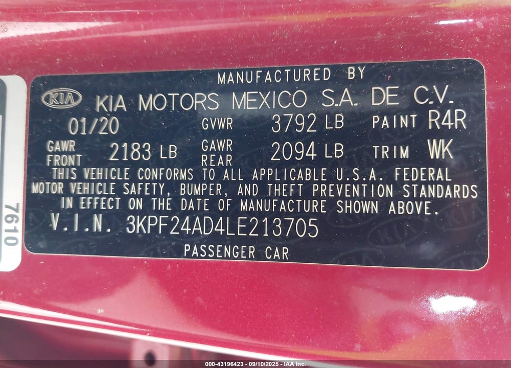 2020 KIA FORTE VIN: 3KPF24AD4LE213705