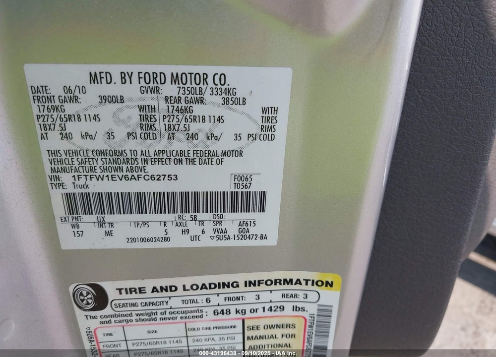 2010 FORD F-150 VIN: 1FTFW1EV6AFC62753