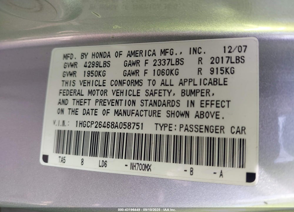2008 HONDA ACCORD VIN: 1HGCP26468A058751