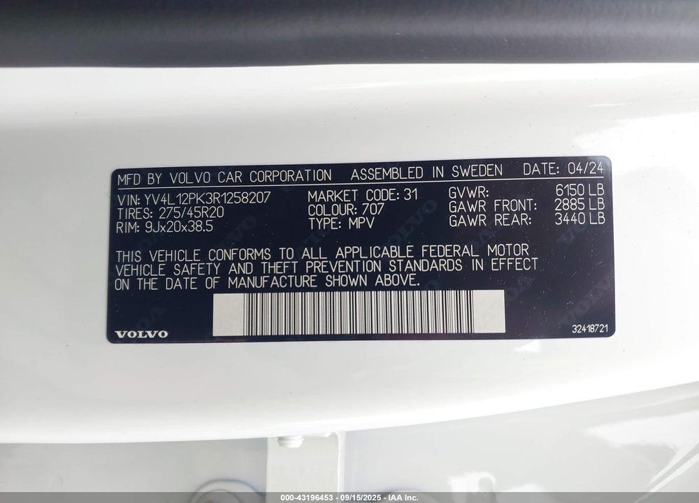 2024 VOLVO XC90 VIN: YV4L12PK3R1258207
