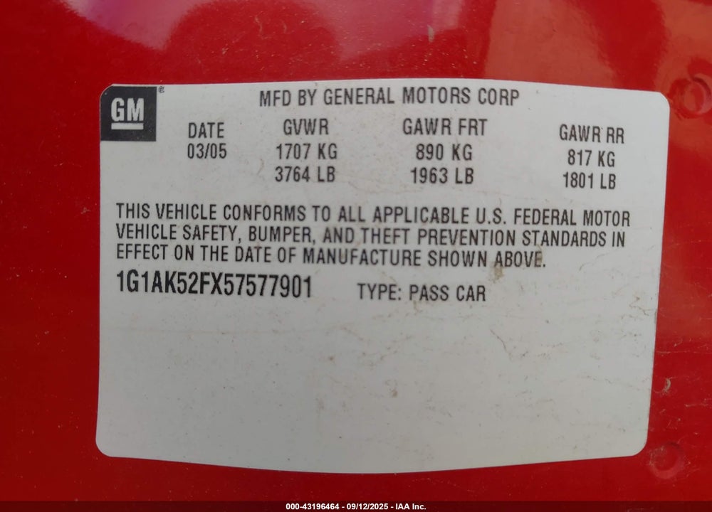 2005 CHEVROLET COBALT VIN: 1G1AK52FX57577901