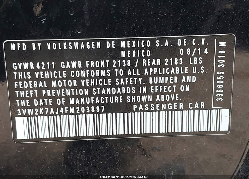 2015 VOLKSWAGEN JETTA 2.0L S VIN: 3VW2K7AJ4FM203897