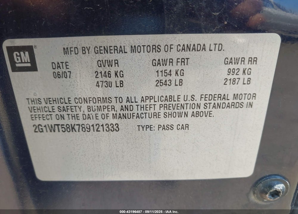 2008 CHEVROLET IMPALA LT VIN: 2G1WT58K789121333