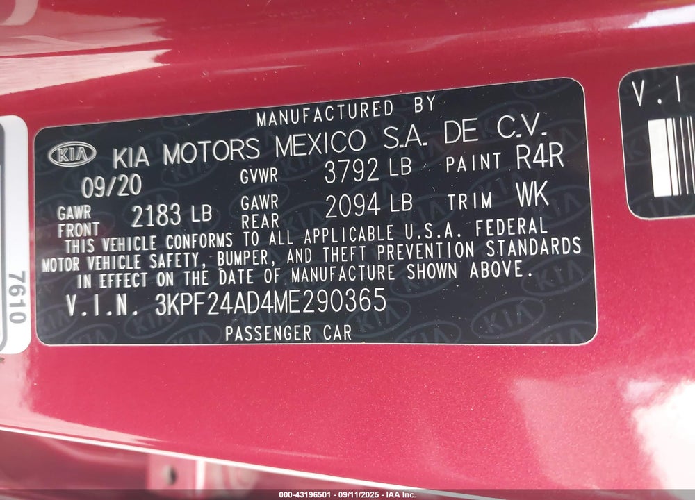 2021 KIA FORTE LXS VIN: 3KPF24AD4ME290365