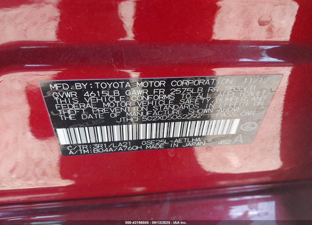 2013 LEXUS IS 250 VIN: JTHCF5C2XD5062292