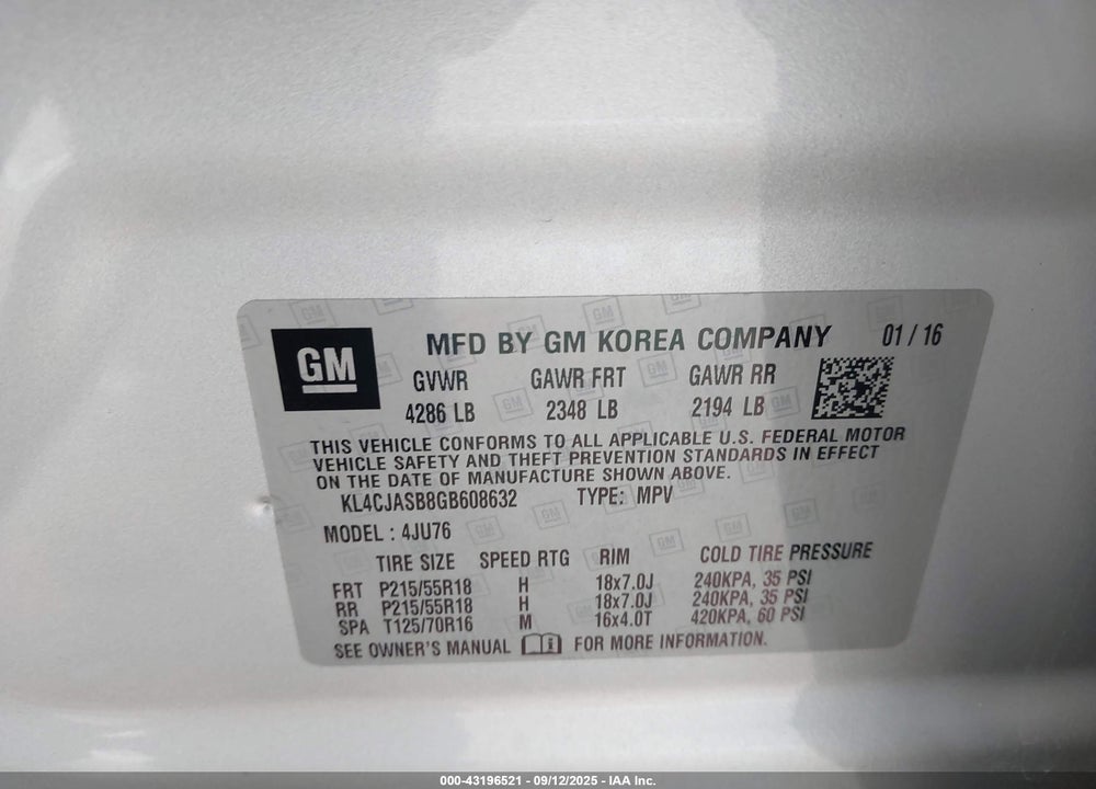 2016 BUICK ENCORE VIN: KL4CJASB8GB608632
