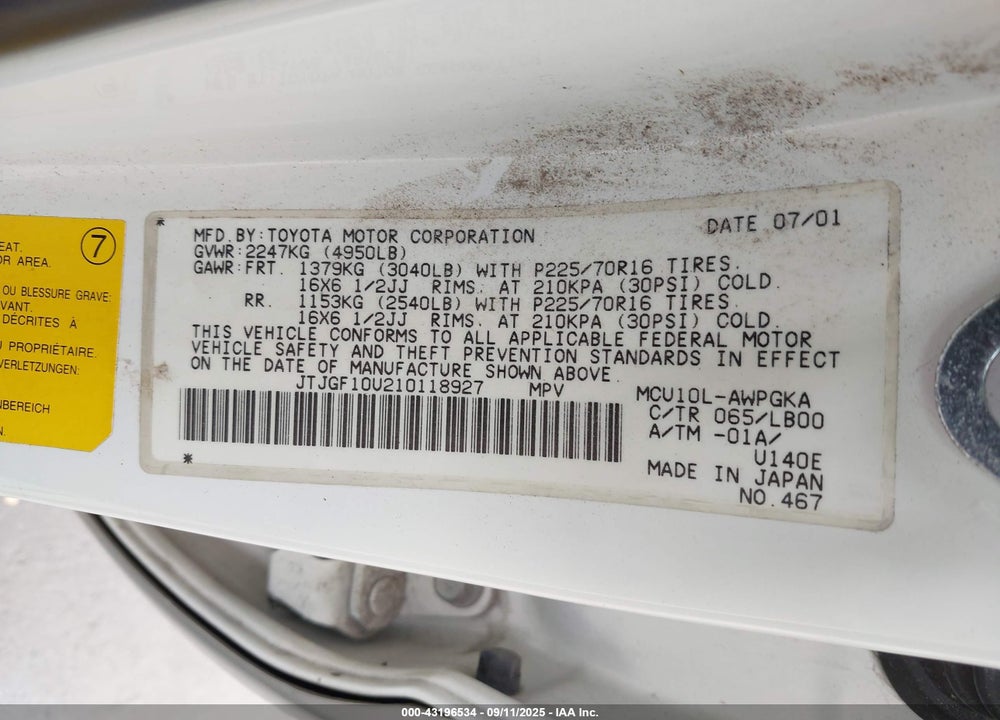 2001 LEXUS RX 300 VIN: JTJGF10U210118927