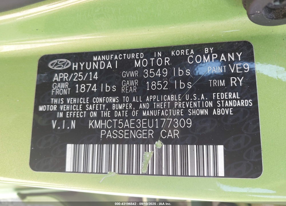 2014 HYUNDAI ACCENT VIN: KMHCT5AE3EU177309