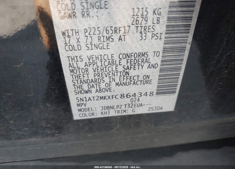 2015 NISSAN ROGUE VIN: 5N1AT2MKXFC864348