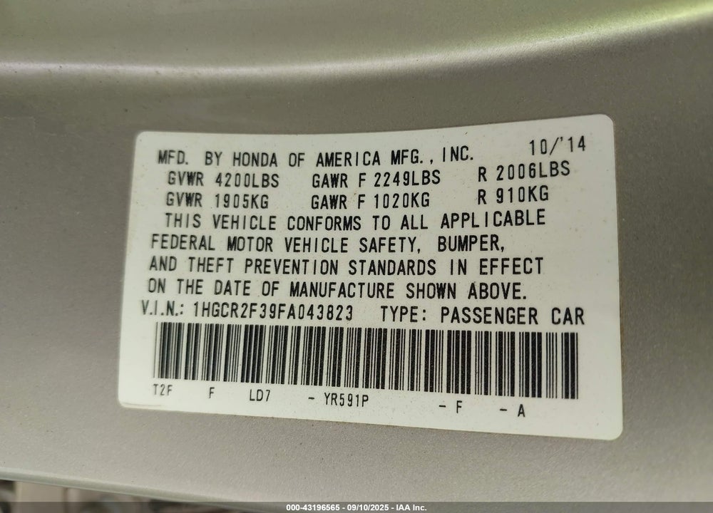 2015 HONDA ACCORD VIN: 1HGCR2F39FA043823
