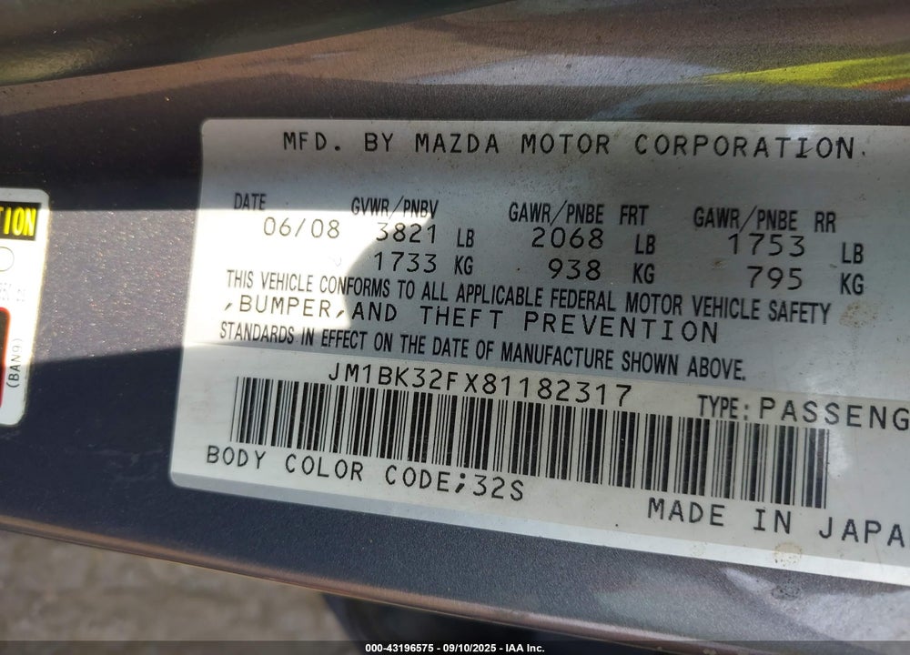 2008 MAZDA 3 I TOURING VALUE VIN: JM1BK32FX81182317