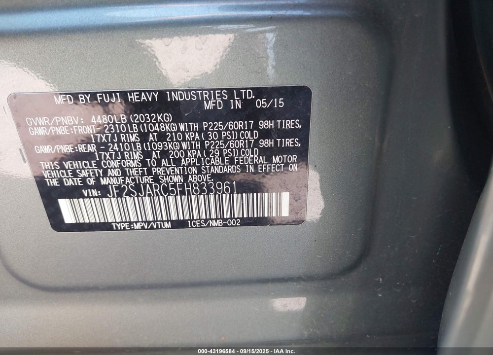 2015 SUBARU FORESTER VIN: JF2SJARC5FH833961