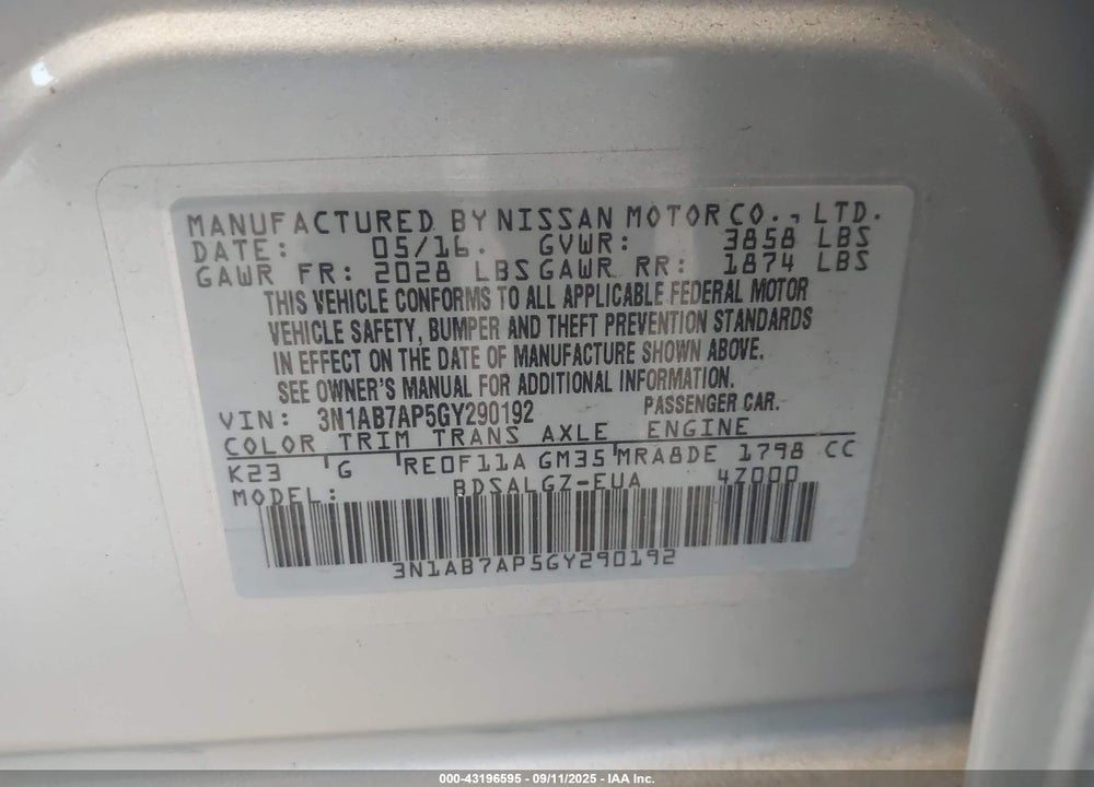 2016 NISSAN SENTRA SL VIN: 3N1AB7AP5GY290192
