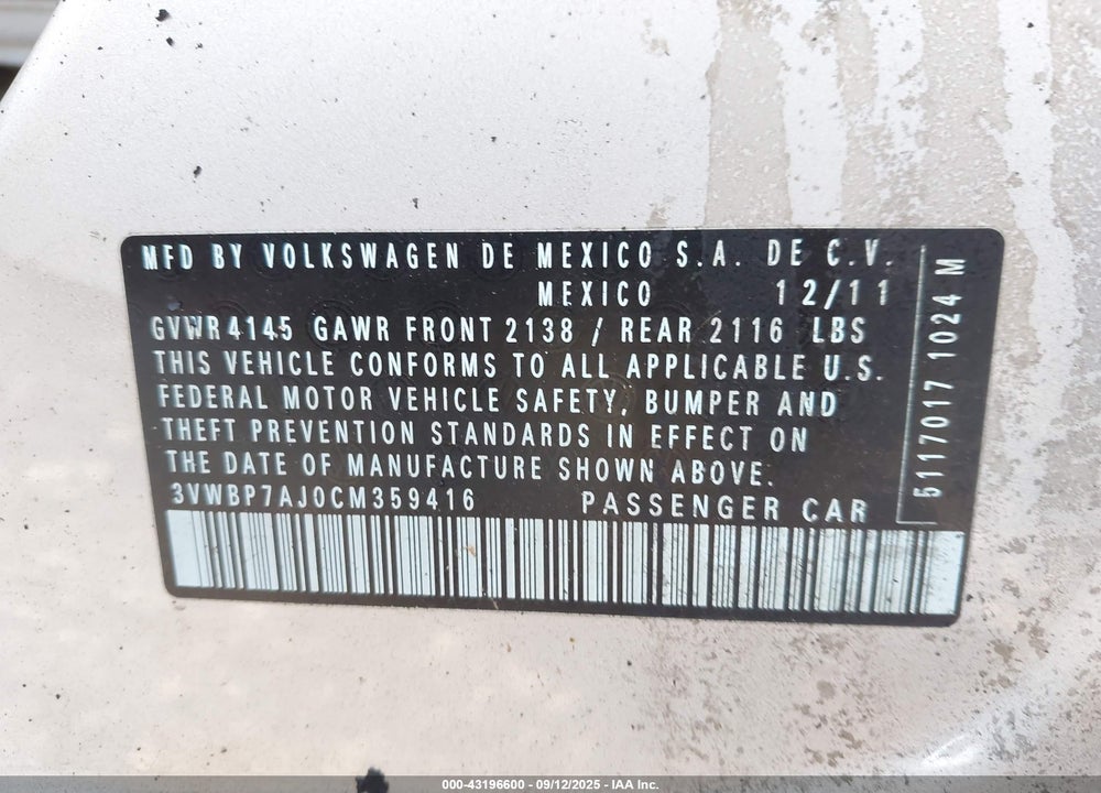 2012 VOLKSWAGEN JETTA VIN: 3VWBP7AJ0CM359416