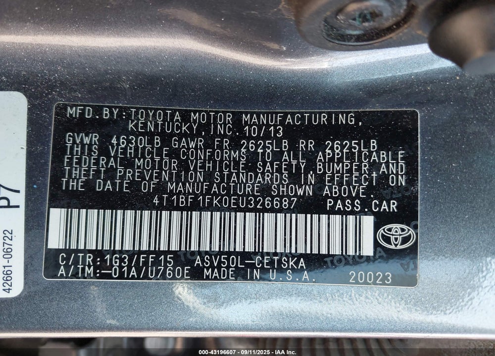 2014 TOYOTA CAMRY SE VIN: 4T1BF1FK0EU326687