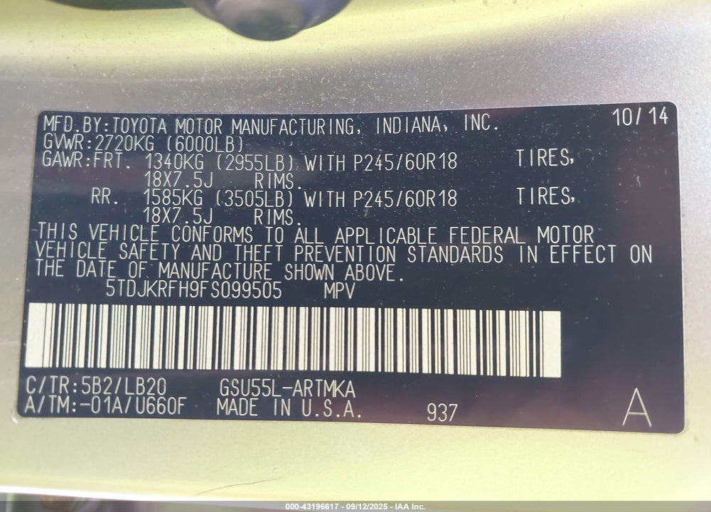 2015 TOYOTA HIGHLANDER VIN: 5TDJKRFH9FS099505