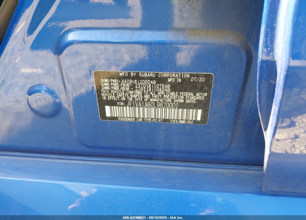 2020 SUBARU WRX VIN: JF1VA1A60L9820001