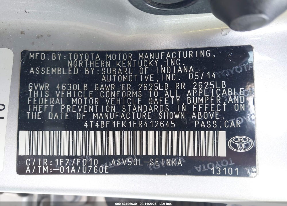 2014 TOYOTA CAMRY VIN: 4T4BF1FK1ER412645