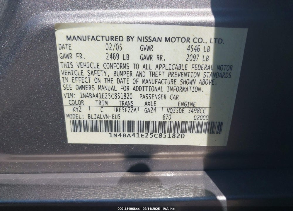 2005 NISSAN MAXIMA 3.5 SL VIN: 1N4BA41E25C851820