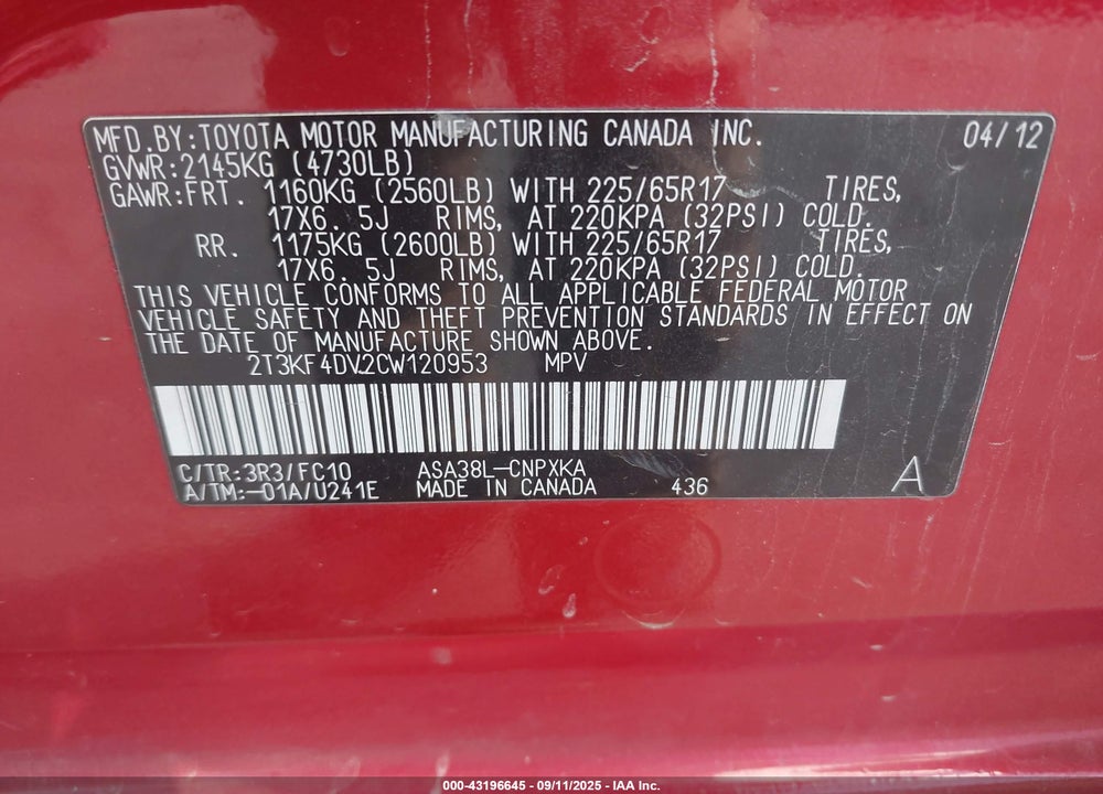 2012 TOYOTA RAV4 VIN: 2T3KF4DV2CW120953