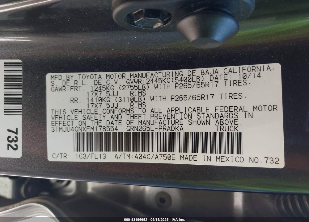 2015 TOYOTA TACOMA VIN: 3TMJU4GNXFM178554