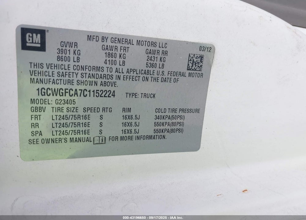 2012 CHEVROLET EXPRESS 2500 WORK VAN VIN: 1GCWGFCA7C1152224