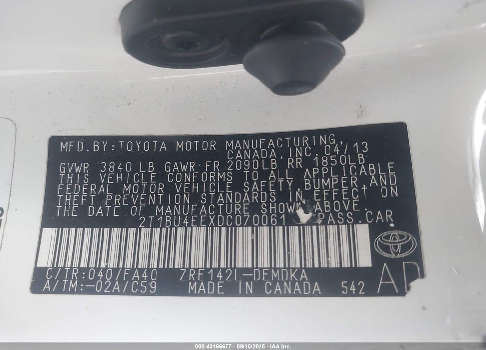 2013 TOYOTA COROLLA VIN: 2T1BU4EEXDC070061