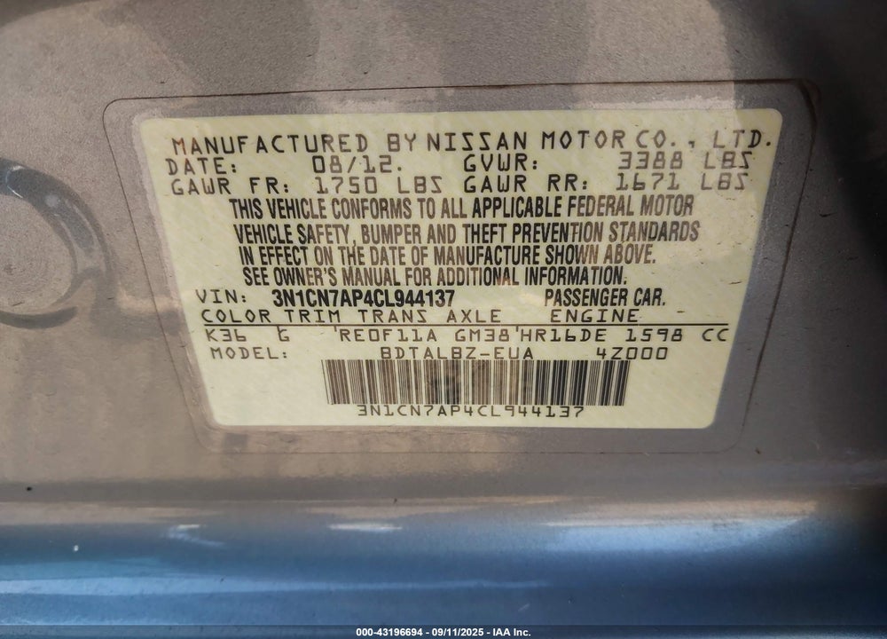 2012 NISSAN VERSA VIN: 3N1CN7AP4CL944137