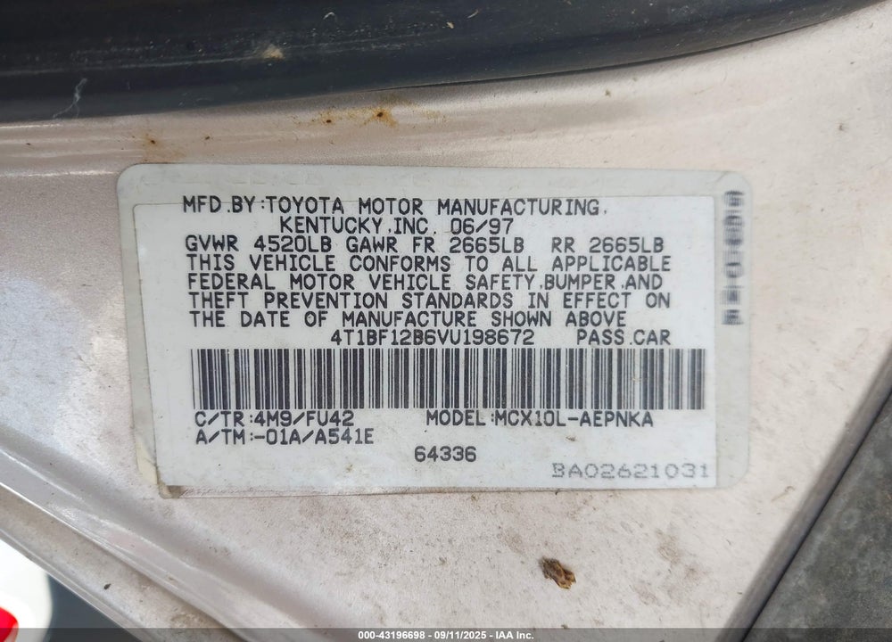 1997 TOYOTA AVALON XL VIN: 4T1BF12B6VU198672