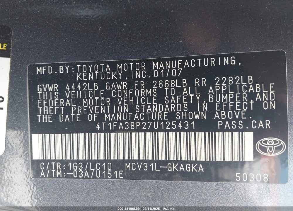 2007 TOYOTA CAMRY VIN: 4T1FA38P27U125431