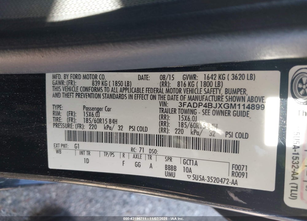 2016 FORD FIESTA SE VIN: 3FADP4BJXGM114899