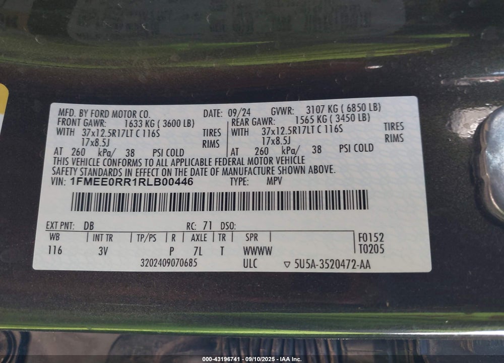 2024 FORD BRONCO RAPTOR VIN: 1FMEE0RR1RLB00446