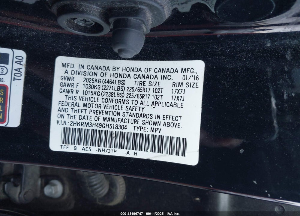 2016 HONDA CR-V SE VIN: 2HKRM3H49GH518304