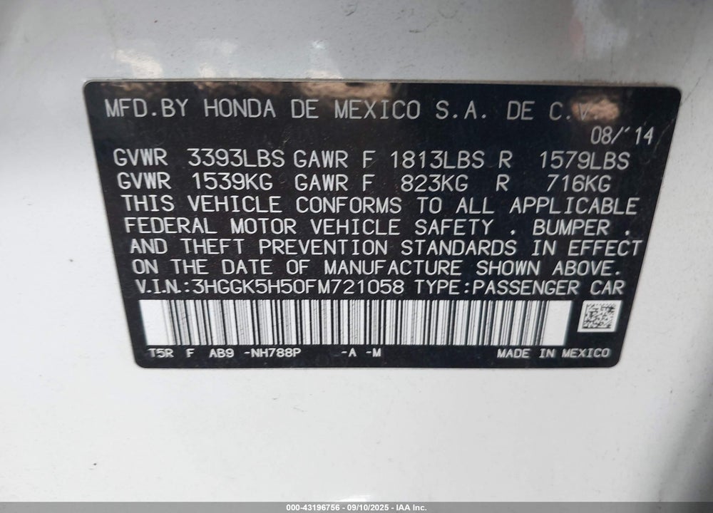 2015 HONDA FIT VIN: 3HGGK5H50FM721058
